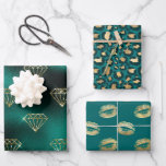 Blauwgroen en goud inpakpapier vel<br><div class="desc">Blauwgroen en faux glitter en folie goudpakpapier met mousserende diamant,  luipspikkels en kus lippen.</div>