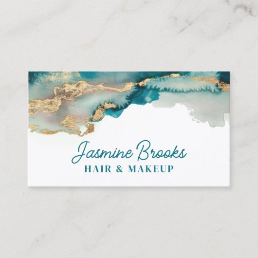 Blauwgroen en Goud Moderne Abstracte Waterverf Visitekaartje (Voorkant)