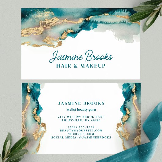 Blauwgroen en Goud Moderne Abstracte Waterverf Visitekaartje