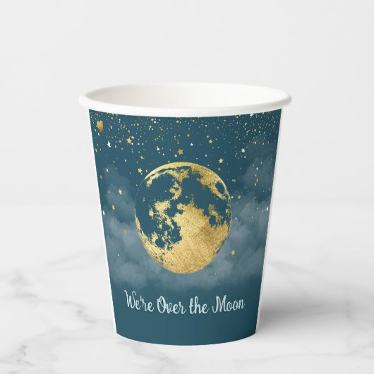 Blauwgroen en Goud Over the Moon Baby shower Papieren Bekers (Voorkant)