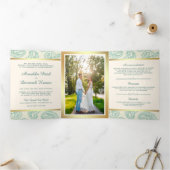 Blauwgroen en Goud Paisley Indiase Stijl Huwelijks Drieluik Uitnodiging (Binnen)