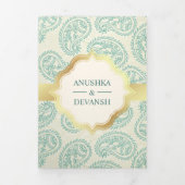 Blauwgroen en Goud Paisley Indiase Stijl Huwelijks Drieluik Uitnodiging (Cover)