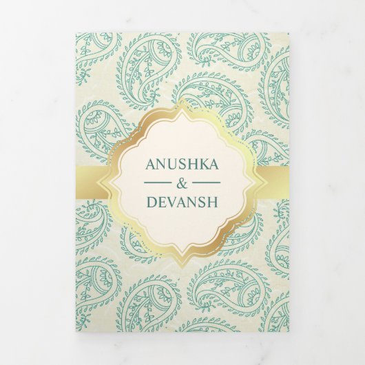 Blauwgroen en Goud Paisley Indiase Stijl Huwelijks Drieluik Uitnodiging (Cover)
