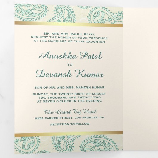 Blauwgroen en Goud Paisley Indiase Stijl Huwelijks Drieluik Uitnodiging (Binnenzijde eerst)