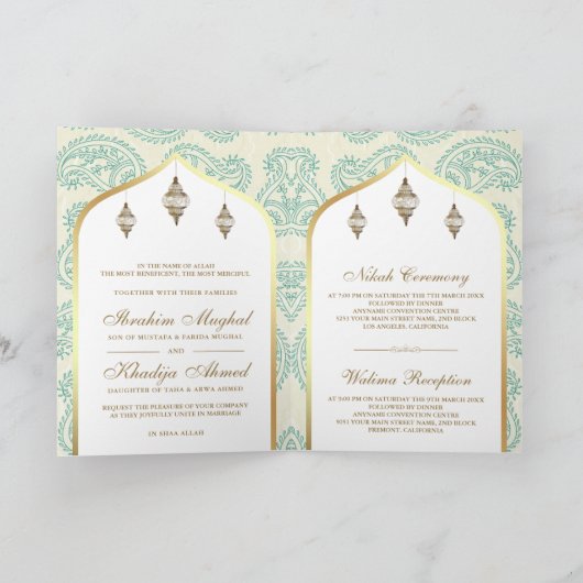 Blauwgroen en Goud Paisley QR Code Moslim Bruiloft (Binnen)