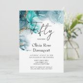 Blauwgroen en goudalcoholinkt 50e verjaardag kaart (Staand voorkant)