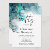 Blauwgroen en goudalcoholinkt 50e verjaardag kaart (Voorkant / Achterkant)