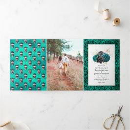 Blauwgroen en goudbloedige Gothic Wedding Foto Drieluik Uitnodiging
