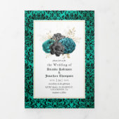Blauwgroen en goudbloedige Gothic Wedding Foto Drieluik Uitnodiging (Cover)