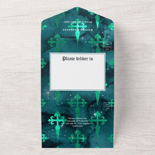 Blauwgroen en goudbloeiende Gothic Wedding All In One Uitnodiging (Buitenkant)