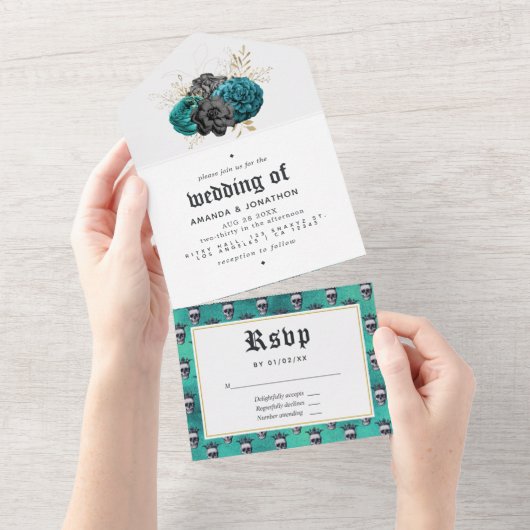 Blauwgroen en goudbloeiende Gothic Wedding All In One Uitnodiging (Afscheurbaar)