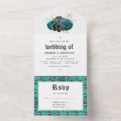 Blauwgroen en goudbloeiende Gothic Wedding All In One Uitnodiging (Binnen)