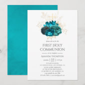 Blauwgroen en goudbloem Eerste Heilige Communie Kaart (Voorkant / Achterkant)