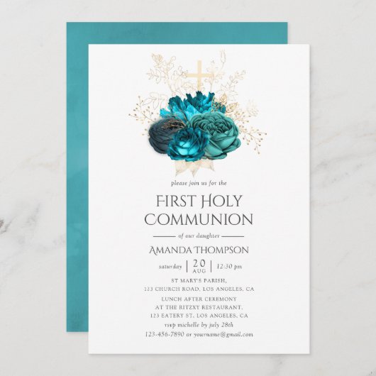 Blauwgroen en goudbloem Eerste Heilige Communie Kaart (Voorkant / Achterkant)