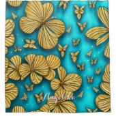 Blauwgroen en goudbloemen Persoonlijke naam Douchegordijn (Voorkant)