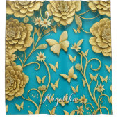 Blauwgroen en goudbloemen Persoonlijke naam Douchegordijn (Voorkant)