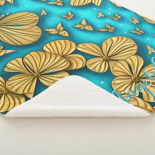 Blauwgroen en goudbloemen Persoonlijke naam Sherpa Deken (3/4)