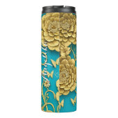 Blauwgroen en goudbloemen Persoonlijke naam Thermosbeker (Achterkant)