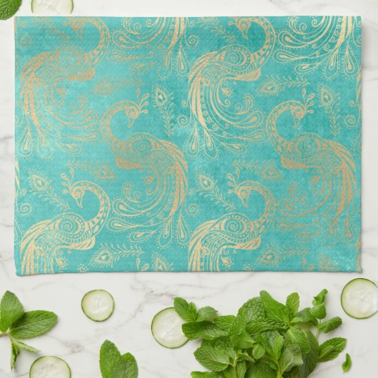 Blauwgroen en goudboho elegant pauw patroon theedoek (Gevouwen)