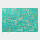 Blauwgroen en goudboho elegant pauw patroon theedoek (Horizontaal)