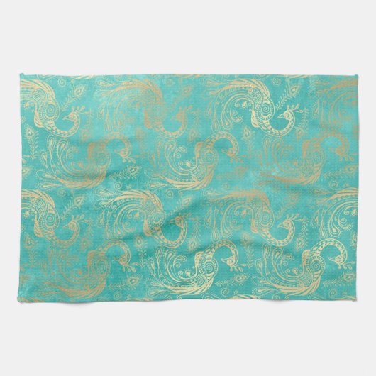 Blauwgroen en goudboho elegant pauw patroon theedoek (Horizontaal)