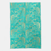 Blauwgroen en goudboho elegant pauw patroon theedoek (Verticaal)