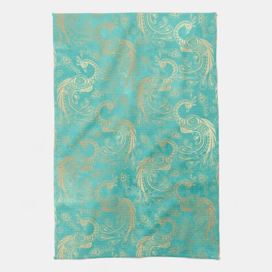 Blauwgroen en goudboho elegant pauw patroon theedoek (Verticaal)