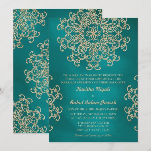 BLAUWGROEN EN GOUDE INDIAANSE STYLWEDINGINVITATIE KAART (Voorkant / Achterkant)