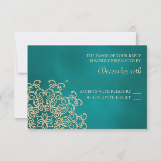 BLAUWGROEN EN GOUDE INDIASE REACTIE RSVP-KAART RSVP KAARTJE (Achterkant)