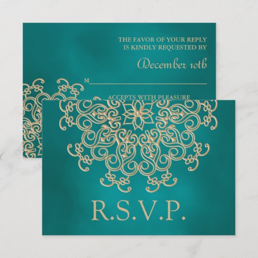 BLAUWGROEN EN GOUDE INDIASE REACTIE RSVP-KAART RSVP KAARTJE (Voorkant / Achterkant)