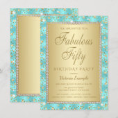 Blauwgroen en gouden 50e verjaardagsfeestuitnodigi kaart (Voorkant / Achterkant)