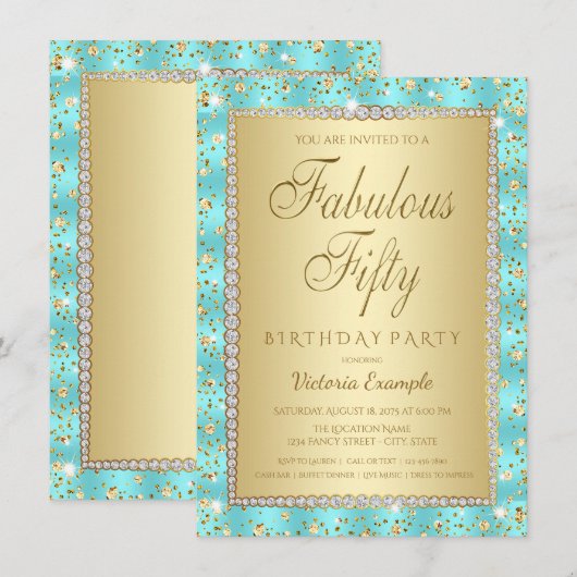 Blauwgroen en gouden 50e verjaardagsfeestuitnodigi kaart (Voorkant / Achterkant)