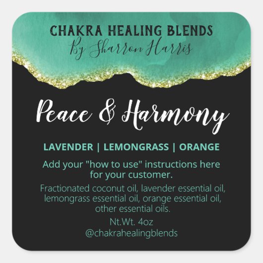 Blauwgroen en gouden agaatmenglabels vierkante sticker (Voorkant)