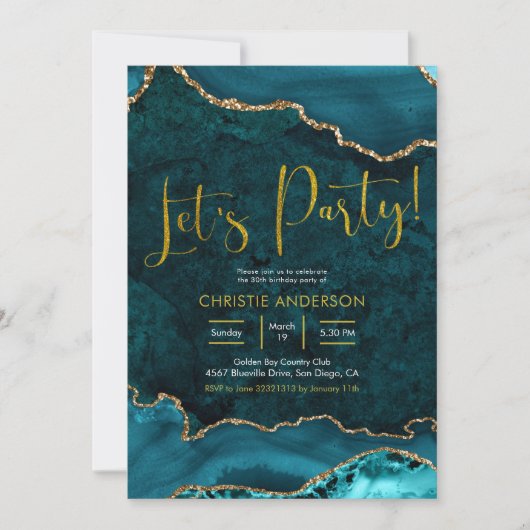 Blauwgroen en gouden Agate Let's Party Invitation Kaart (Voorkant)