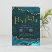 Blauwgroen en gouden Agate Let's Party Invitation Kaart (Staand voorkant)