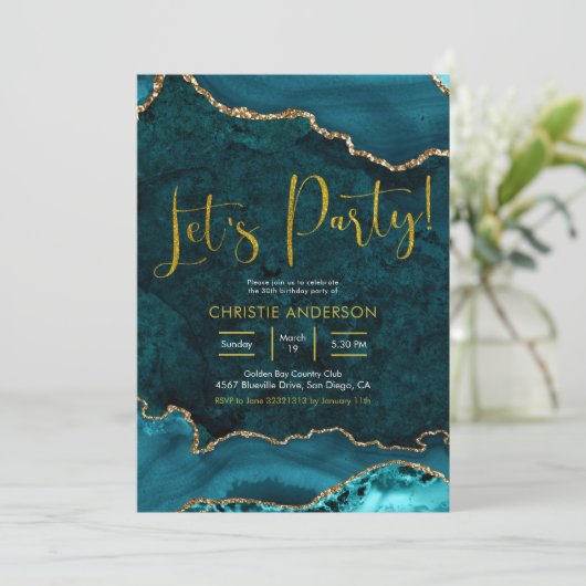 Blauwgroen en gouden Agate Let's Party Invitation Kaart (Staand voorkant)