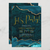 Blauwgroen en gouden Agate Let's Party Invitation Kaart (Voorkant / Achterkant)