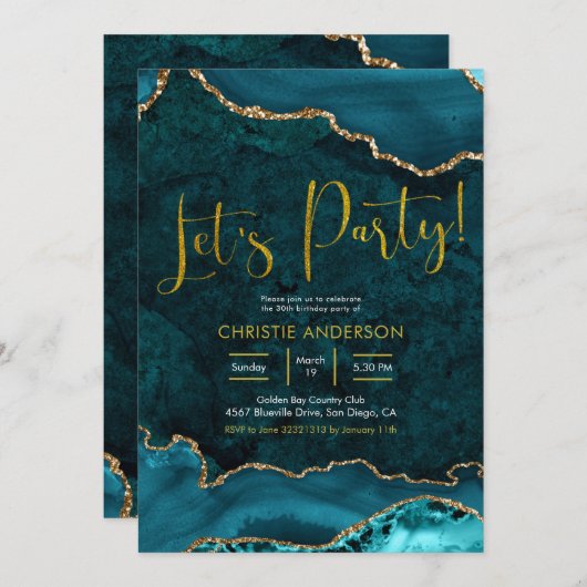 Blauwgroen en gouden Agate Let's Party Invitation Kaart (Voorkant / Achterkant)