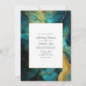 Blauwgroen en gouden alcoholinkt bruiloft kaart (Voorkant)