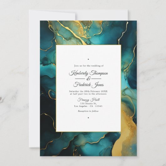 Blauwgroen en gouden alcoholinkt bruiloft kaart (Voorkant)