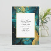 Blauwgroen en gouden alcoholinkt bruiloft kaart (Staand voorkant)