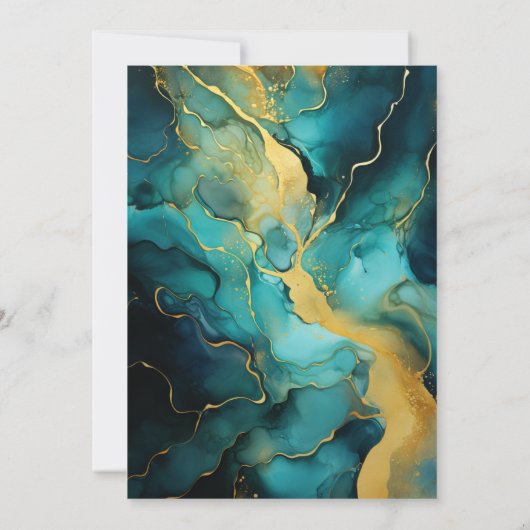 Blauwgroen en gouden alcoholinkt bruiloft kaart (Achterkant)