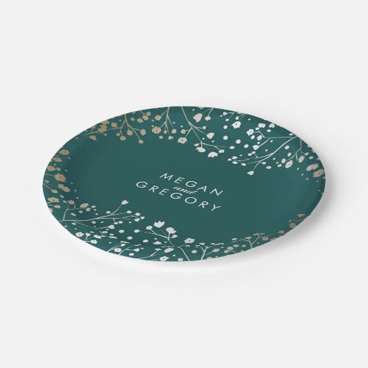 Blauwgroen en gouden baby's adem bruiloft papieren bordje (Gekanteld)