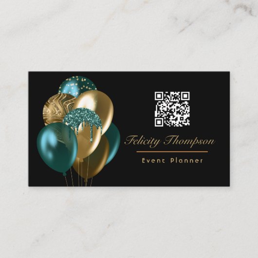 Blauwgroen en gouden ballonnen Event Planner QR Co Visitekaartje (Voorkant)