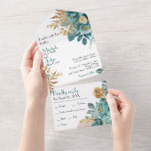 Blauwgroen en gouden bloemen Alles in één bruiloft All In One Uitnodiging (Afscheurbaar)