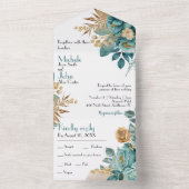 Blauwgroen en gouden bloemen Alles in één bruiloft All In One Uitnodiging (Binnen)