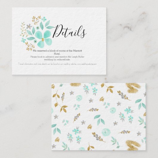 Blauwgroen en gouden bloemen bruiloft details Kaar Informatiekaartje (Voorkant / Achterkant)