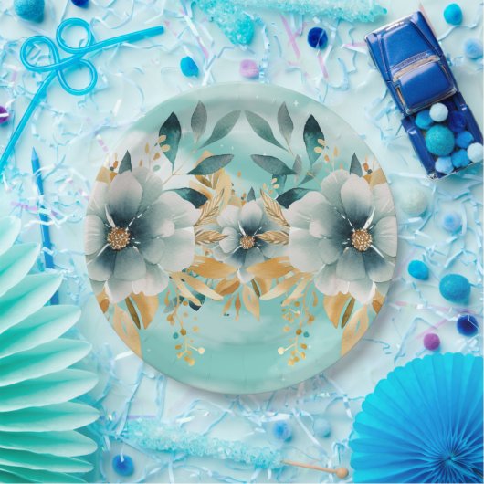 Blauwgroen en gouden bloemen Elegant papier Bord (Feest)