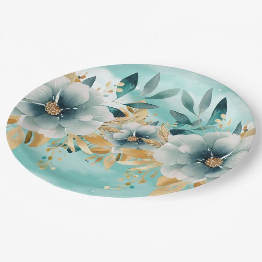 Blauwgroen en gouden bloemen Elegant papier Bord (Gekanteld)
