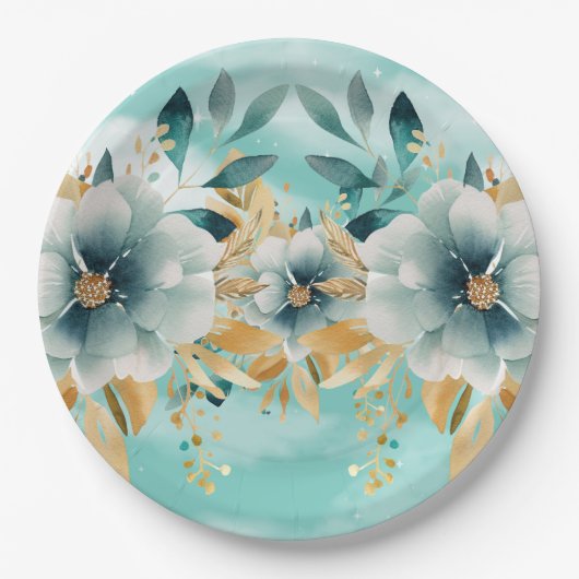 Blauwgroen en gouden bloemen Elegant papier Bord (Voorkant)